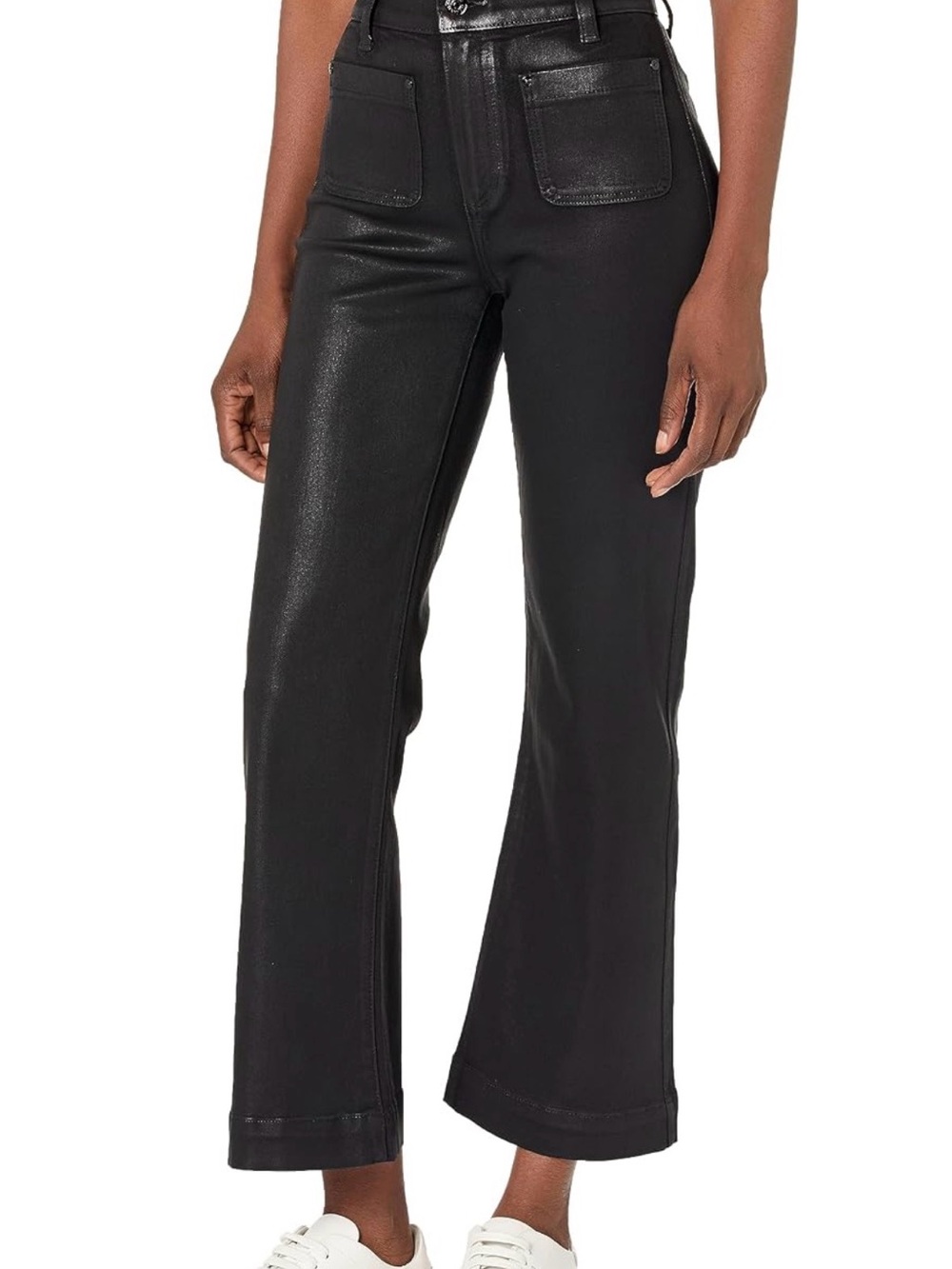 PAIGE Leenah Coated Black Wide-Leg Jeans with Front Patch Pockets